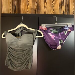 La Blanca Olive Ruched Halter Top and Purple Floral Bikini Bottom